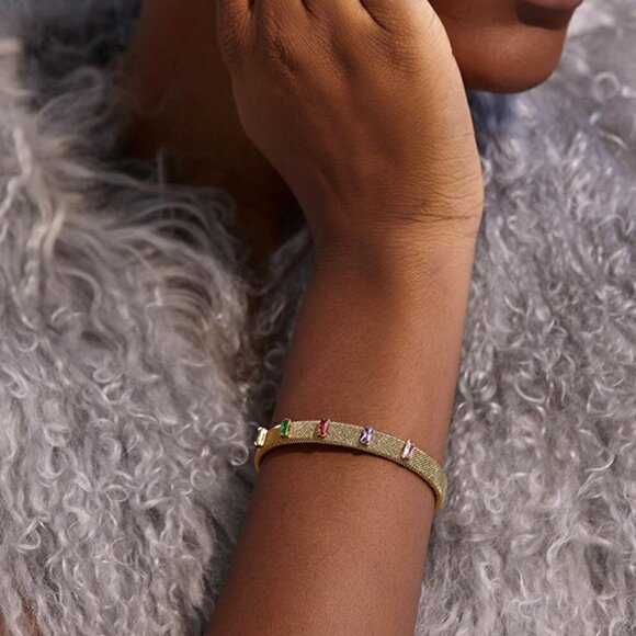 💙 Gold Plated PVD Stainless Steel Mesh Bangle with Multi Coloured Cubic Zi… - Picture 1 of 8